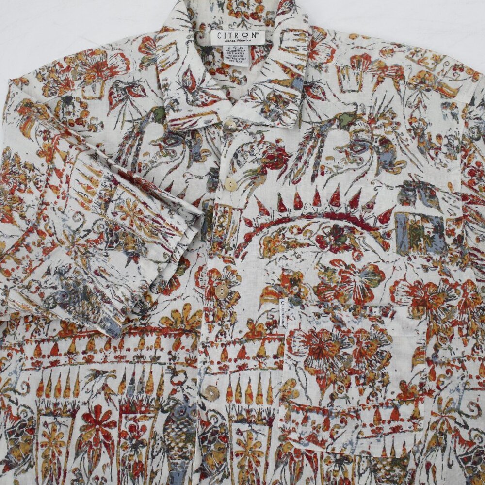 Citron Santa monica Shirt Mens Small Short Sleeve Button Up printed Linen owl